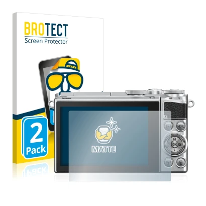 Parte frontale di una confezione del prodotto con il logo del marchio BROTECT. Accanto è raffigurato il dispositivo Nikon 1 J5