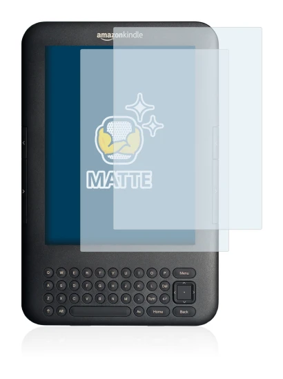 Immagine del dispositivo Amazon Kindle 3 con un'ampia varietà di protezioni per lo schermo.