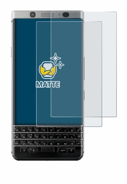 Immagine del dispositivo BlackBerry Keyone con un'ampia varietà di protezioni per lo schermo.