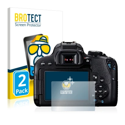 Parte frontale di una confezione del prodotto con il logo del marchio BROTECT. Accanto è raffigurato il dispositivo Canon EOS