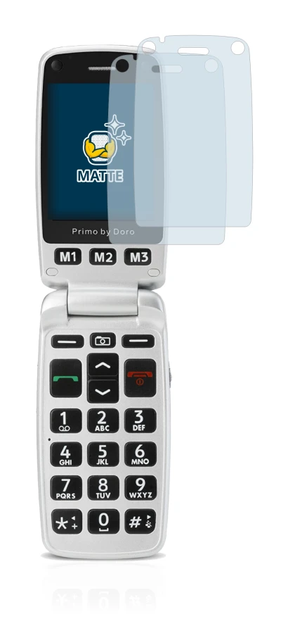 Immagine del dispositivo Doro Primo 413 con un'ampia varietà di protezioni per lo schermo.