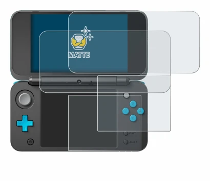 Immagine del dispositivo New Nintendo 2DS XL con un'ampia varietà di protezioni per lo schermo.