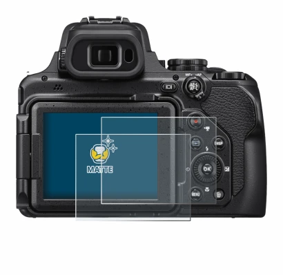 Immagine del dispositivo Nikon Coolpix P1000 con un'ampia varietà di protezioni per lo schermo.