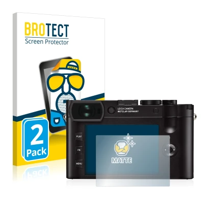 Parte frontale di una confezione del prodotto con il logo del marchio BROTECT. Accanto è raffigurato il dispositivo Leica Q2 c