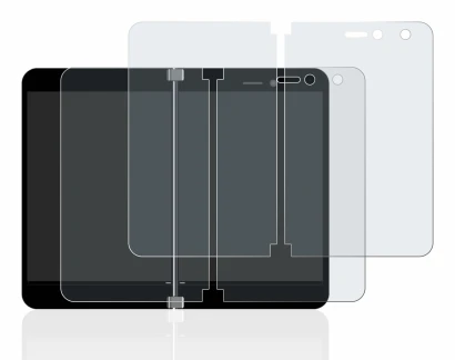 Immagine del dispositivo Microsoft Surface Duo con un'ampia varietà di protezioni per lo schermo.