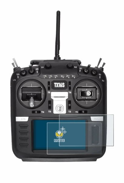 Immagine del dispositivo Radiomaster TX16S con un'ampia varietà di protezioni per lo schermo.
