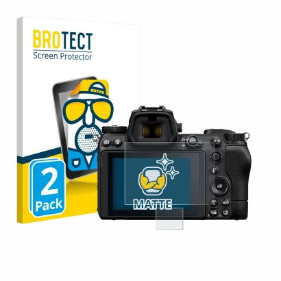 Parte frontale di una confezione del prodotto con il logo del marchio BROTECT. Accanto è raffigurato il dispositivo Nikon Z 6 