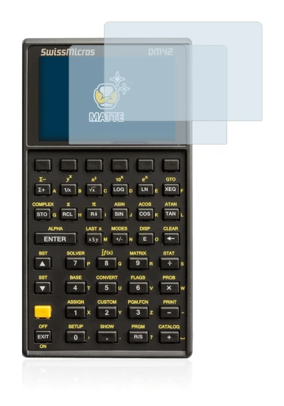 Immagine del dispositivo SwissMicros DM42 con un'ampia varietà di protezioni per lo schermo.