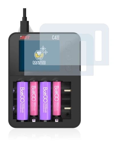 Immagine del dispositivo ISDT C4 Evo con un'ampia varietà di protezioni per lo schermo.
