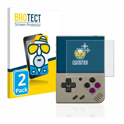 Parte frontale di una confezione del prodotto con il logo del marchio BROTECT. Accanto è raffigurato il dispositivo Miyoo Mini