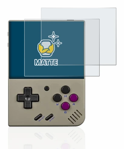 Immagine del dispositivo Miyoo Mini Plus con un'ampia varietà di protezioni per lo schermo.