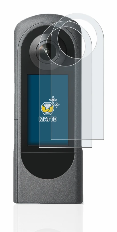 Immagine del dispositivo Ricoh Theta X con un'ampia varietà di protezioni per lo schermo.