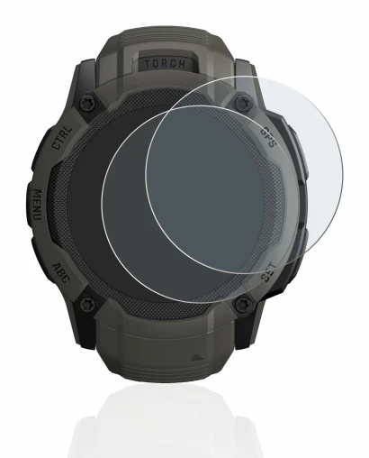 Immagine del dispositivo Garmin Instinct 2X Solar con un'ampia varietà di protezioni per lo schermo.