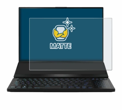 Immagine del dispositivo ASUS ROG Zephyrus Duo 16 2023 con un'ampia varietà di protezioni per lo schermo.