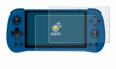 Immagine del dispositivo Powkiddy X55 con un'ampia varietà di protezioni per lo schermo.