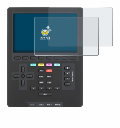 Immagine del dispositivo Polyend Tracker Mini con un'ampia varietà di protezioni per lo schermo.