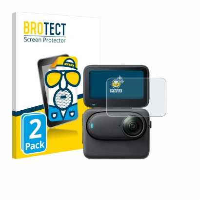 Parte frontale di una confezione del prodotto con il logo del marchio BROTECT. Accanto è raffigurato il dispositivo Insta360 G