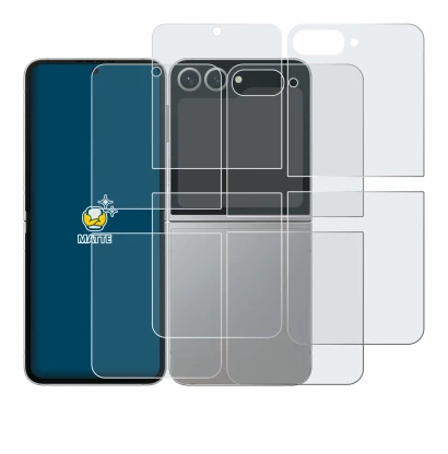 Immagine del dispositivo Samsung Galaxy Z Flip 6 (Fronte+Retro) con un'ampia varietà di protezioni per lo schermo.
