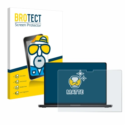 Parte frontale di una confezione del prodotto con il logo del marchio BROTECT. Accanto è raffigurato il dispositivo Apple MacB