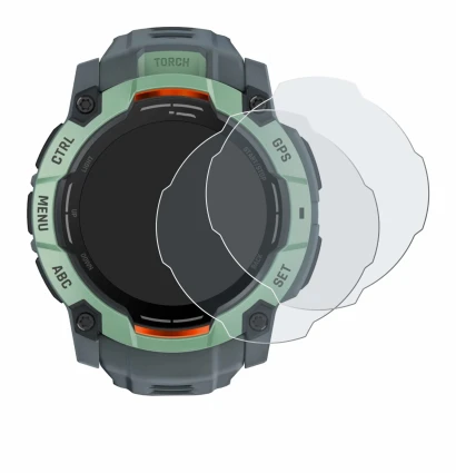 Immagine del dispositivo Garmin Instinct 3 AMOLED (50 mm) con un'ampia varietà di protezioni per lo schermo.