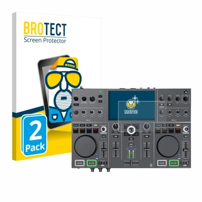 Parte frontale di una confezione del prodotto con il logo del marchio BROTECT. Accanto è raffigurato il dispositivo Denon DJ P