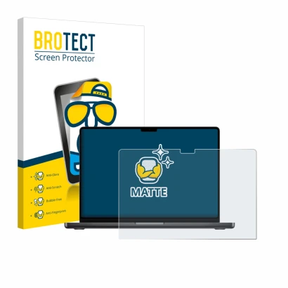 Parte frontale di una confezione del prodotto con il logo del marchio BROTECT. Accanto è raffigurato il dispositivo Apple MacB