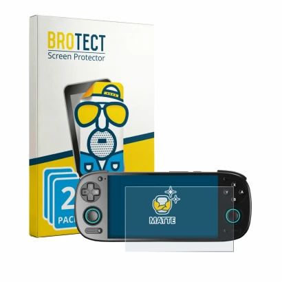 Parte frontale di una confezione del prodotto con il logo del marchio BROTECT. Accanto è raffigurato il dispositivo Retroid Po