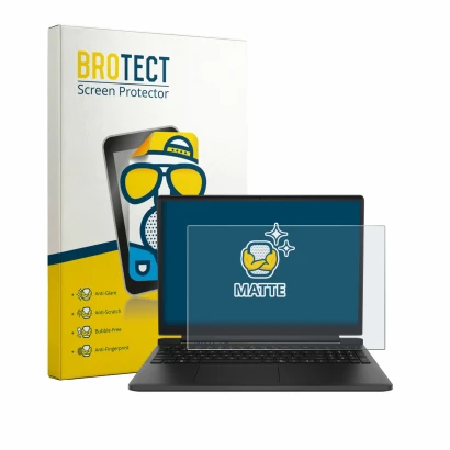 Parte frontale di una confezione del prodotto con il logo del marchio BROTECT. Accanto è raffigurato il dispositivo Dell 15 DA