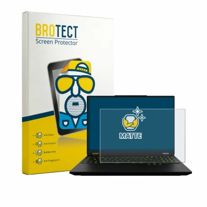 Parte frontale di una confezione del prodotto con il logo del marchio BROTECT. Accanto è raffigurato il dispositivo XMG Neo 16