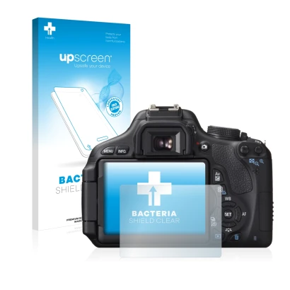 Parte frontale di una confezione del prodotto con il logo del marchio upscreen. Accanto è raffigurato il dispositivo Canon EOS