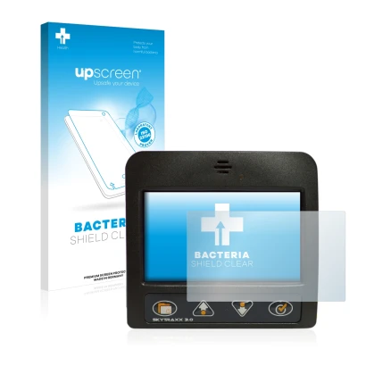 Parte frontale di una confezione del prodotto con il logo del marchio upscreen. Accanto è raffigurato il dispositivo Skytraxx 