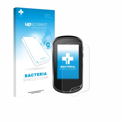 Parte frontale di una confezione del prodotto con il logo del marchio upscreen. Accanto è raffigurato il dispositivo Garmin Or