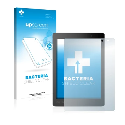 Parte frontale di una confezione del prodotto con il logo del marchio upscreen. Accanto è raffigurato il dispositivo Kobo Aura