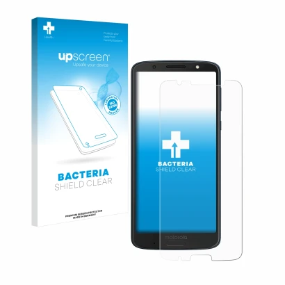 Parte frontale di una confezione del prodotto con il logo del marchio upscreen. Accanto è raffigurato il dispositivo Motorola 