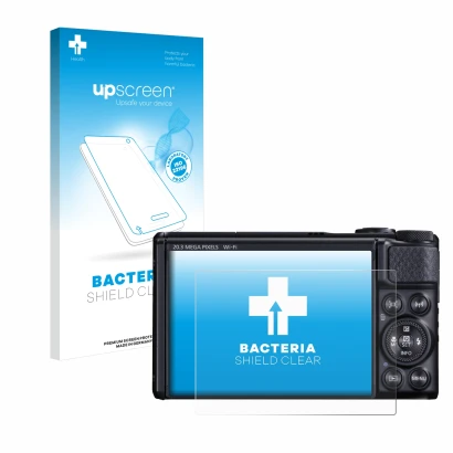 Parte frontale di una confezione del prodotto con il logo del marchio upscreen. Accanto è raffigurato il dispositivo Canon Pow