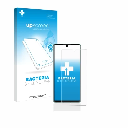 Parte frontale di una confezione del prodotto con il logo del marchio upscreen. Accanto è raffigurato il dispositivo Huawei P3