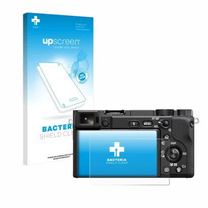 Parte frontale di una confezione del prodotto con il logo del marchio upscreen. Accanto è raffigurato il dispositivo Sony Alph