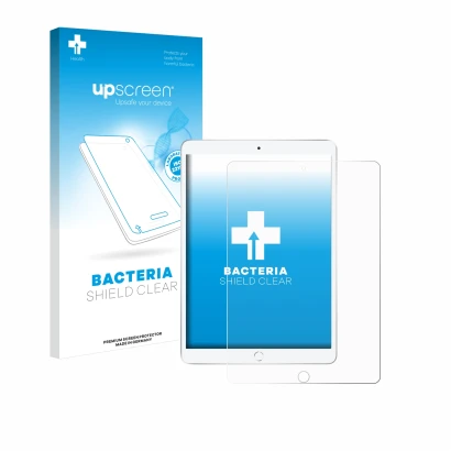 Parte frontale di una confezione del prodotto con il logo del marchio upscreen. Accanto è raffigurato il dispositivo Apple iPa