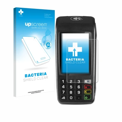 Parte frontale di una confezione del prodotto con il logo del marchio upscreen. Accanto è raffigurato il dispositivo ingenico 