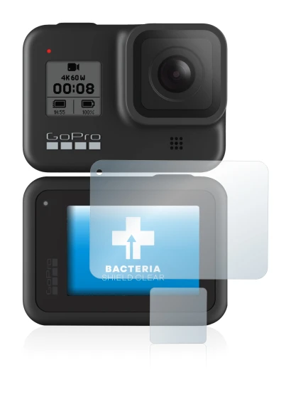 Immagine del dispositivo GoPro Hero 8 Black con un'ampia varietà di protezioni per lo schermo.