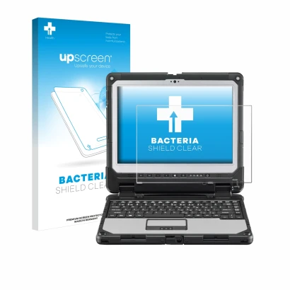 Parte frontale di una confezione del prodotto con il logo del marchio upscreen. Accanto è raffigurato il dispositivo Panasonic