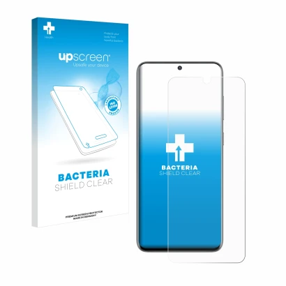 Parte frontale di una confezione del prodotto con il logo del marchio upscreen. Accanto è raffigurato il dispositivo Samsung G