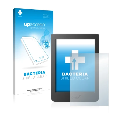 Parte frontale di una confezione del prodotto con il logo del marchio upscreen. Accanto è raffigurato il dispositivo Tolino Pa