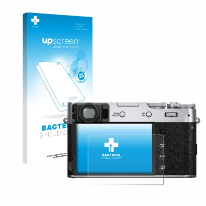 Parte frontale di una confezione del prodotto con il logo del marchio upscreen. Accanto è raffigurato il dispositivo Fujifilm 