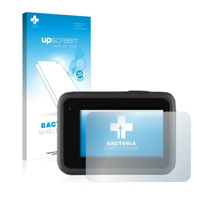 Parte frontale di una confezione del prodotto con il logo del marchio upscreen. Accanto è raffigurato il dispositivo GoPro Her