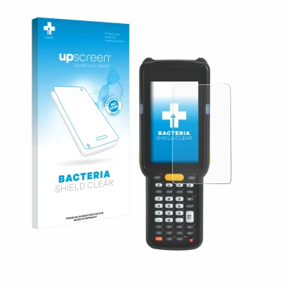 Parte frontale di una confezione del prodotto con il logo del marchio upscreen. Accanto è raffigurato il dispositivo Zebra MC3