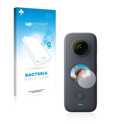 Parte frontale di una confezione del prodotto con il logo del marchio upscreen. Accanto è raffigurato il dispositivo Insta360 