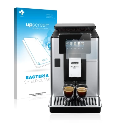 Parte frontale di una confezione del prodotto con il logo del marchio upscreen. Accanto è raffigurato il dispositivo DeLonghi 