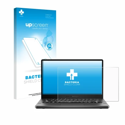 Parte frontale di una confezione del prodotto con il logo del marchio upscreen. Accanto è raffigurato il dispositivo ASUS ROG