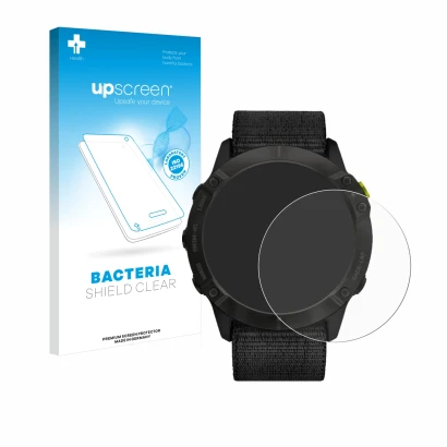 Parte frontale di una confezione del prodotto con il logo del marchio upscreen. Accanto è raffigurato il dispositivo Garmin En